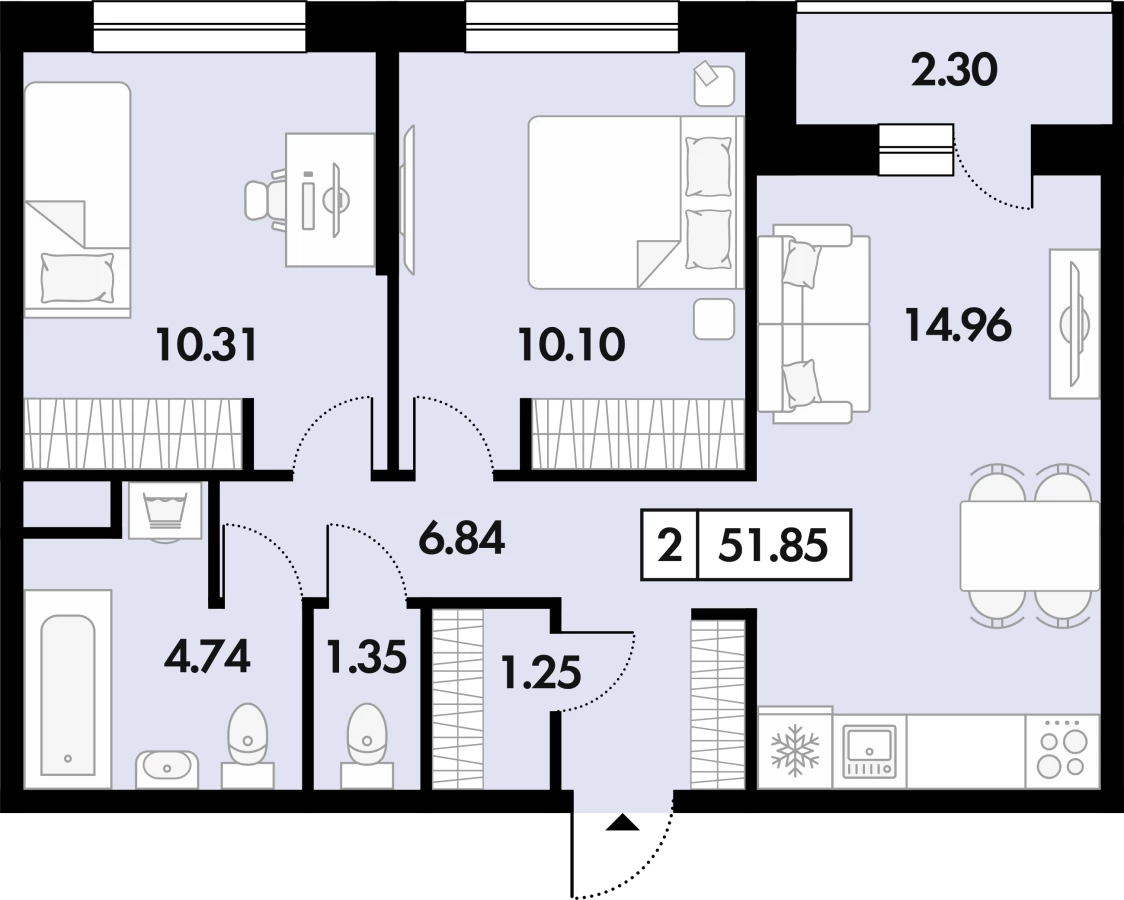 2-х комнатная квартира в Рязани площадью 51.85м2